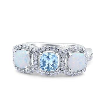 Halo Cushion Art Deco Three Stone Wedding Ring Simulated Aquamarine CZ 925 Sterling Silver